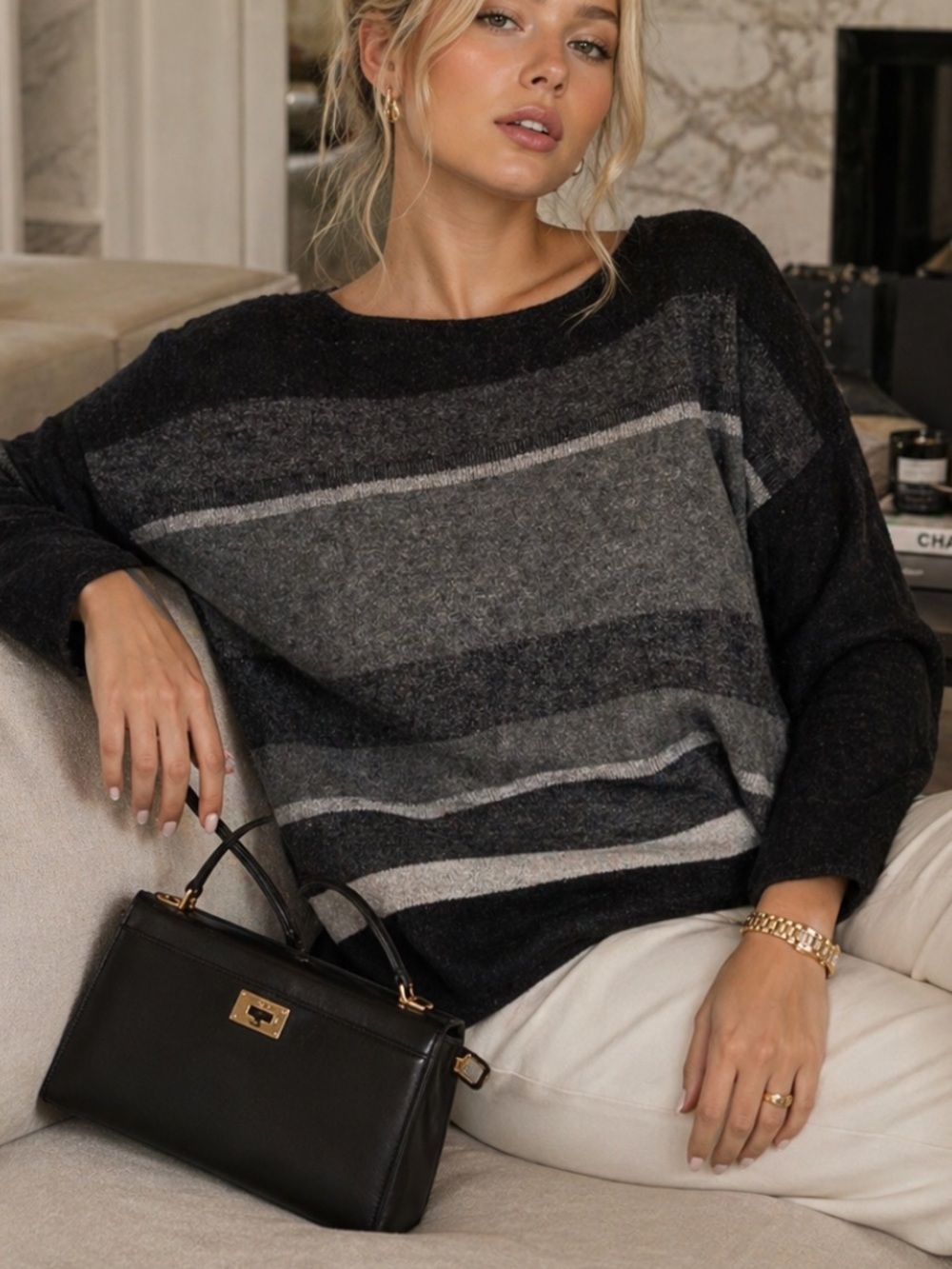 Vince Wool Cashmere Striped Sweater XS Black Gray Lightweight Knit 54404